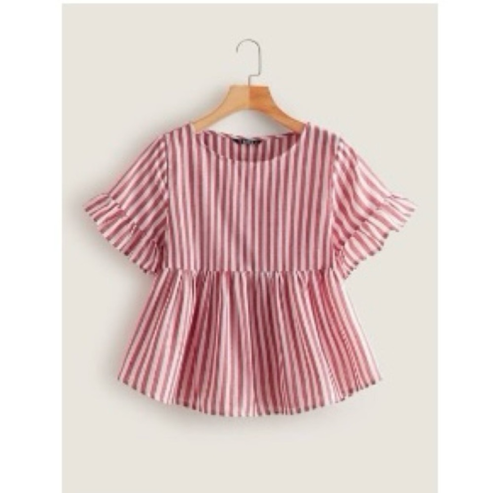 SHEIN red striped Ruffle Layered Hem Top